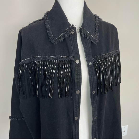 ZARA DENIM EMBELLISHED FRINGE BUTTON UP SHIRT JACKET SIZE SMALL IN BLACK - Picture 8 of 16